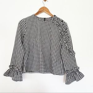 Zara NWOT Black and White Gingham Ruffle Long Sleeve Cotton Blouse Size S